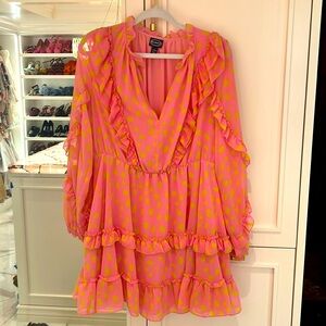 Scoop Ruffle dress size large L long sleeve sheer lined pink and yellow
